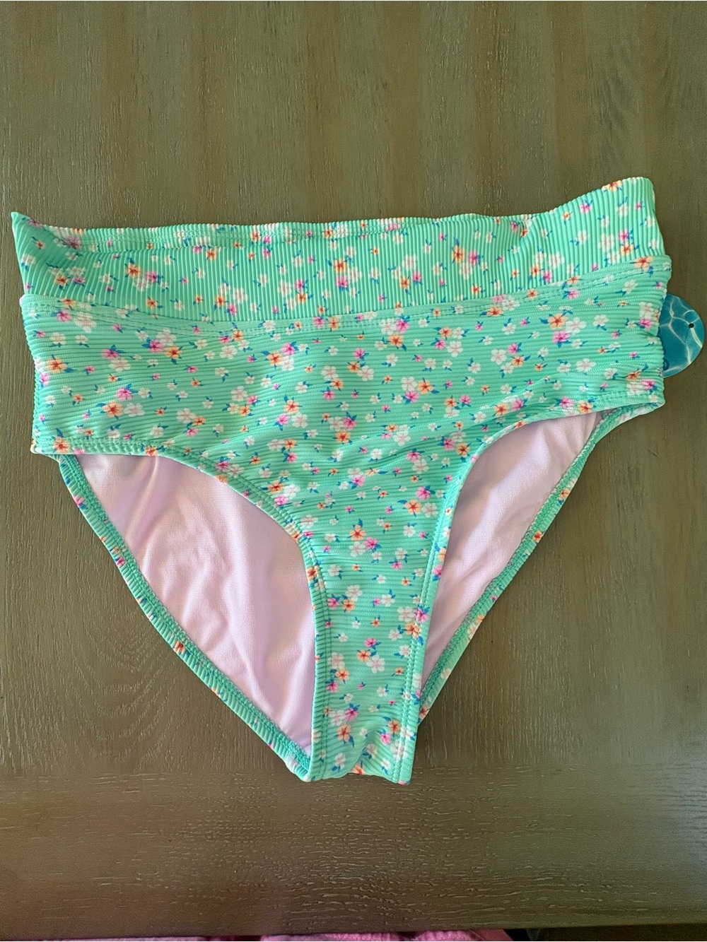 Decree Mint Floral Ribbed Bikini Bottoms with Pink Lining